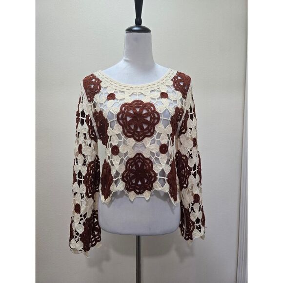 American Flirt Tops - Boho Crochet Lace Knit Top Women's Size L Vintage-Inspired Festival 70's